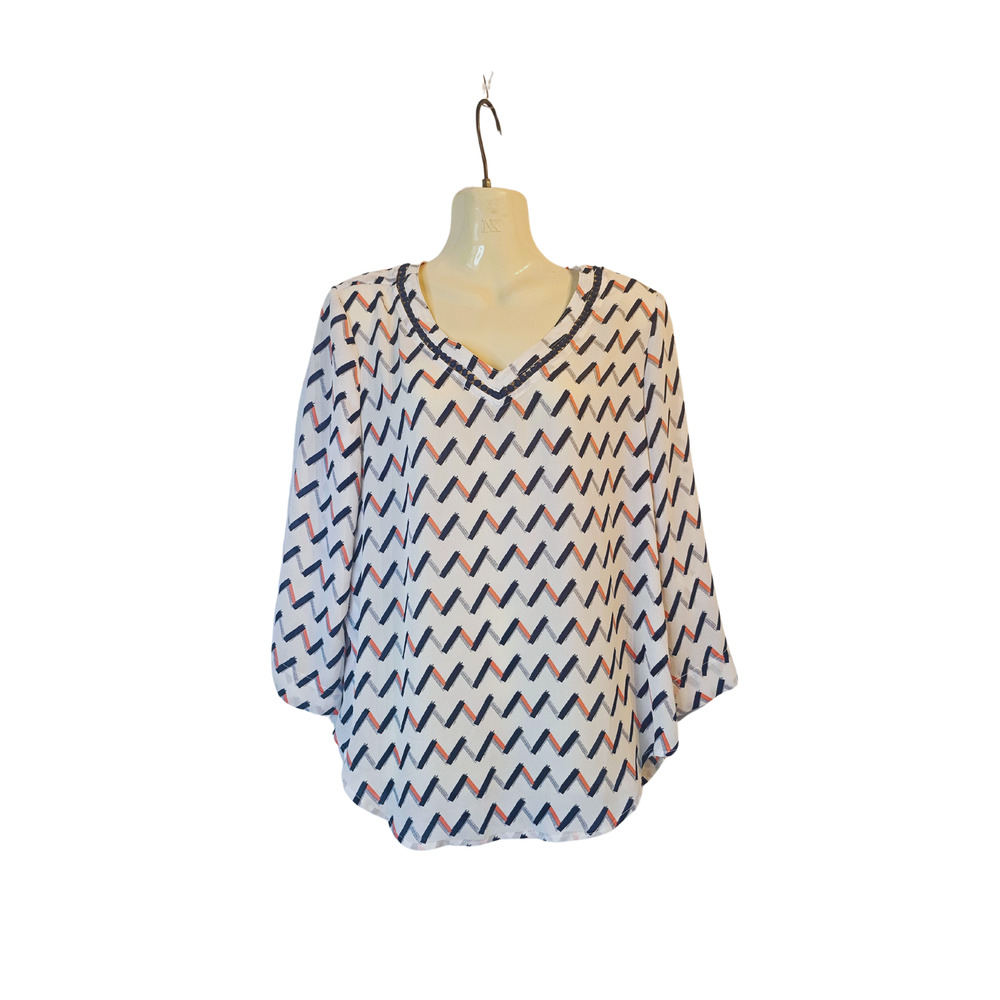 41‎ Hawthorne Womens Geometric Chevron V-Neck Blouse White